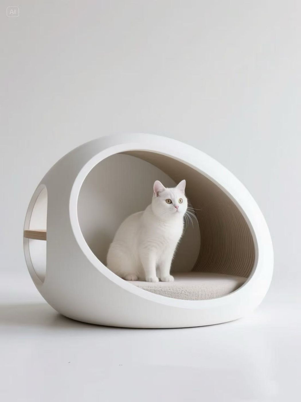 白色雕塑感宠物窝，里面趴着一只猫